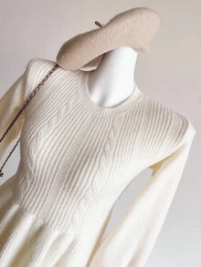 Vestido de suéter de manga larga elegante de punto de cable de unicolor para niña preadolescente en otoño/invierno