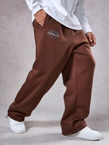 DAZY 男士秋季字母印花保暖内衬慢跑裤，街头风 - 棕色 - 查看 7