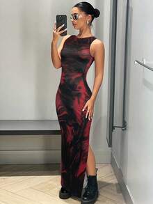 SHEIN ICON Graphic Print Split Thigh Tank Long Dress Ankle Length Dress,Wedding Guest Dress - Red - View 6