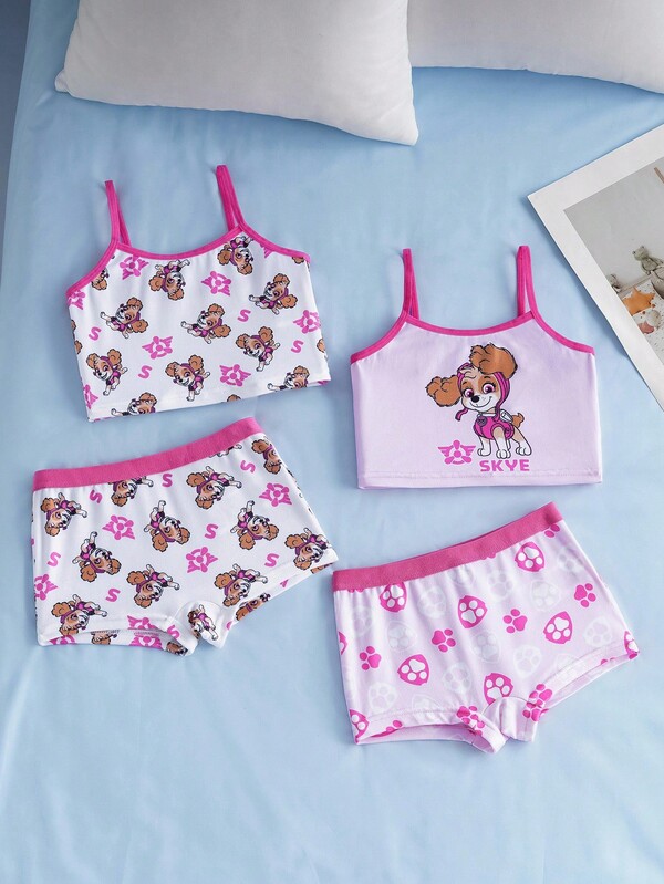 SHEIN | PAW Patrol 4pcs Young Girl Pink & White Cute Cartoon Dog Puppy Print Camisole Top And Boyshort Underwear Set, Girls Pajama Short Sets,Soft & Comfortable,Kawaii,Cute,Sweet,Suitable For Everyday Wear
