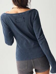 Bohemela Áo thun dài tay viền ren cổ điển thường ngày dành cho nữ, mùa thu - Màu xanh hải quân - Xem 8