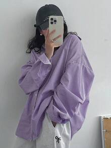 DAZY 女式翻领宽松条纹百搭衬衫，蓝色，春夏秋装，秋季女装长袖上衣 - 紫色 - 查看 3