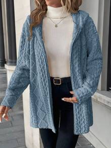 SHEIN Clasi Plus Size Women Zip-Up Fleece Hooded Jacket, Autumn/Winter - Blue - View 4