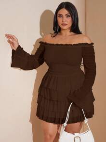 SHEIN BAE 大码秋季甜美性感白色荷叶边纹理露肩长袖褶皱分层荷叶边迷你连衣裙 - 咖啡棕 - 查看 7