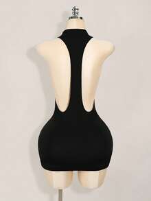 SHEIN ICON 纯色交叉露背性感休闲迷你连衣裙 - 黑色 - 查看 2