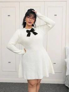 SHEIN EZwear 大码女式蝴蝶装饰圆领长袖针织连衣裙秋冬女装 - 白色 - 查看 3