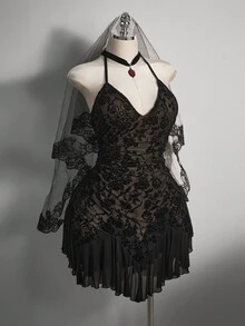 SHEIN ICON 大码女式 Y2K 复古时尚度假性感简约露背植绒波西米亚西式连衣裙搭配短裤，万圣节服装 - 黑色 - 查看 4