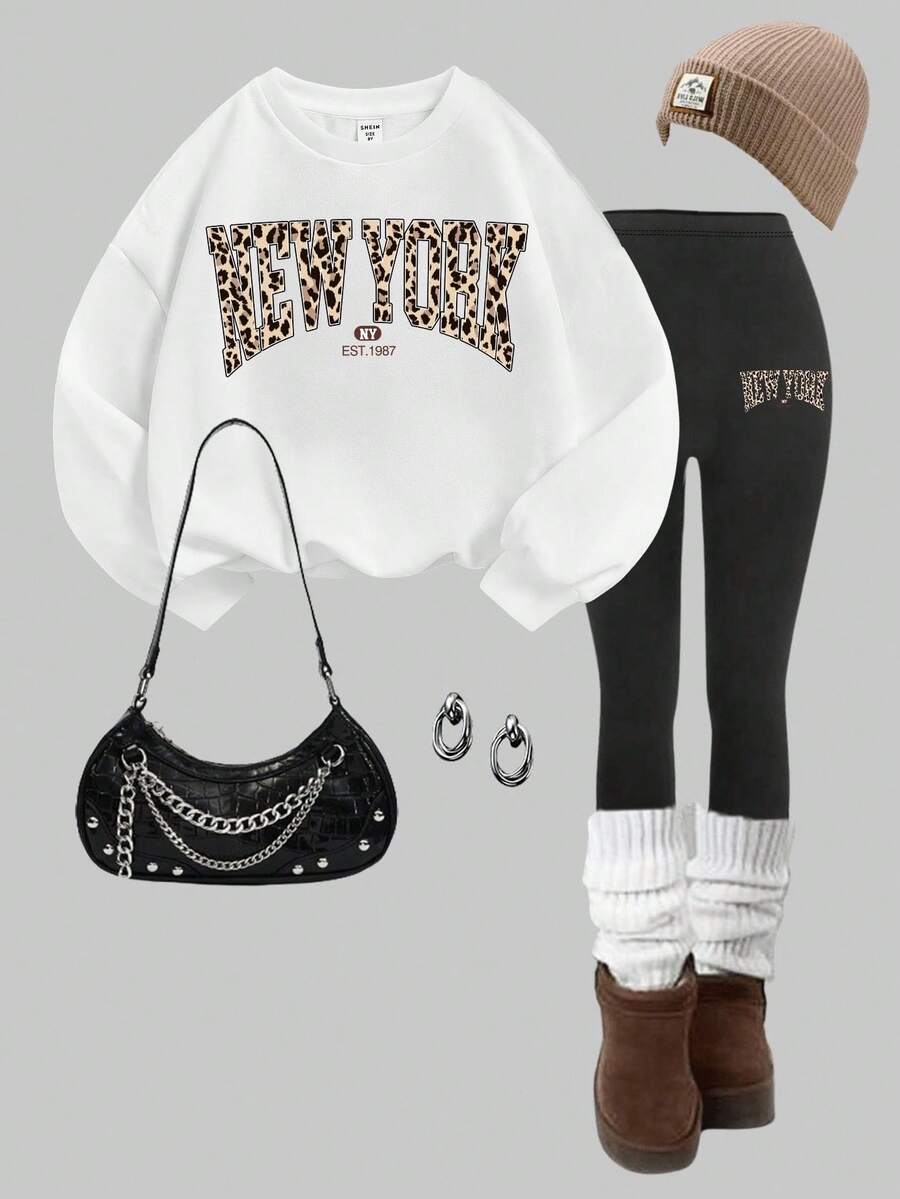 Slaydiva 2pcs Women Plus Size White Winter Basic Casual Everyday Back-To-School Leopard New York Slogan Print Loose Crew Neck Sweatshirt And Leggings Set - Multicolor - View 1