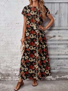 EMERY ROSE Casual Versatile Retro Autumn Leaf Flower Pattern Summer Dress For Women, Suitable For Outings - Multicolor - View 4