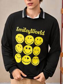SmileyWorld® | SHEIN تي شيرت كاجوال للرجال بأكمام طويلة فضفاضة وطبعات كرتونية وحروف، مناسب للارتداء اليومي والتنقل، موسم الربيع/الخريف - الأسود - مشاهدة 3