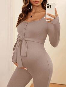 SHEIN Maternity Solid Color Simple Long-Sleeved Jumpsuit - Khaki - View 5