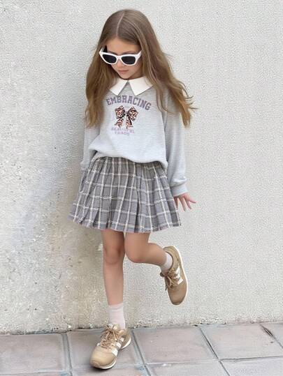SHEIN Explorewe 2 件女童时尚休闲长袖可爱公主领蝴蝶结印花运动衫，柔软面料上衣和百搭褶皱格子裙，适合圣诞节、万圣节、秋季