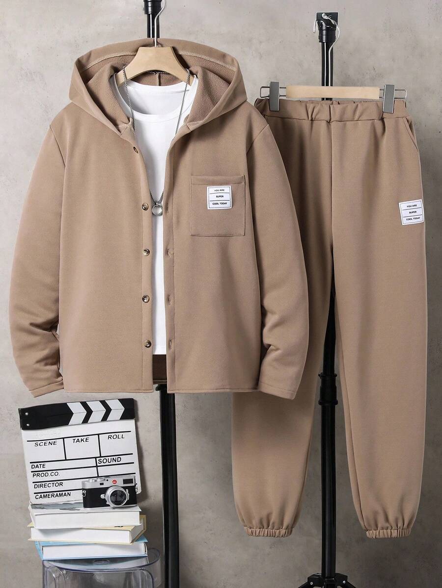 2件套休闲连帽长袖上衣和裤子青少年男童外套套装 - 卡其色 - 查看 1