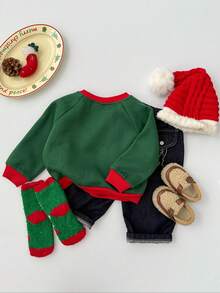 Sudadera con cuello redondo y mangas raglán con estampado de letras de dibujos animados y Papá Noel para bebé niño - Verde - Ver 7