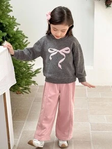 Genkimix Kids 2 pièces Ensemble Top décontracté avec décor de nœud brodé + pantalon droit de couleur unie pour filles Genkimix - Gris foncé - Voir 1