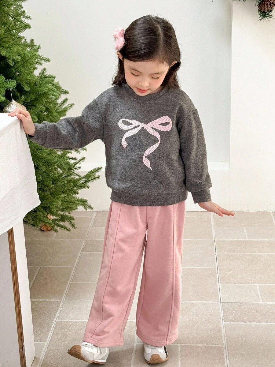 Genkimix Kids 2 pièces Ensemble Top décontracté avec décor de nœud brodé + pantalon droit de couleur unie pour filles Genkimix - Gris foncé - Voir 1