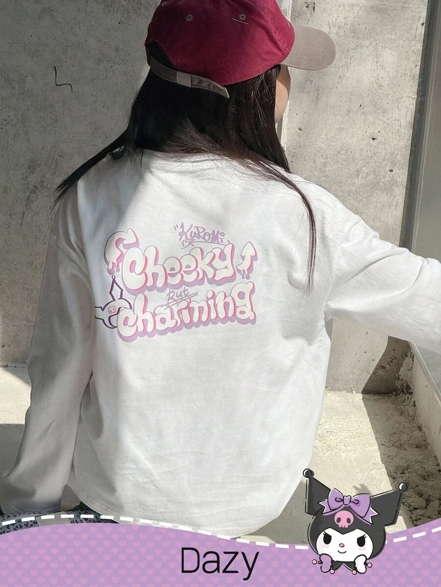 DAZY HELLO KITTY AND FRIENDS | SHEIN T-shirt à manches longues en tricot avec graphique de lettre col rond pour préadolescentes, automne - Blanc - Voir 1