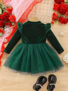 Elegant Velvet Long Sleeve Dress In Muted Green For Baby Girl - Green - View 2