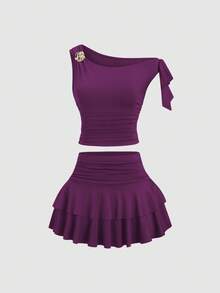 Sweetra Women's Summer Bronze Metallic Flower Decor Camisole & Pleated Layered Mini Skirt Set - Purple - View 3