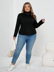 SHEIN CURVE+ Áo thun nữ tay dài cổ lọ dáng ôm màu trơn cỡ lớn cho mùa thu đông, chất liệu vải lót giữ nhiệt nâng cấp, thời trang, giản dị, thoải mái, đa năng mà không trông cồng kềnh - màu đen - Xem 10