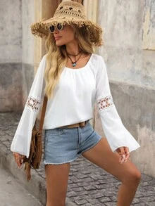 Brillora Hollow Out Bell Sleeve Round Neck Women's Blouse