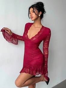 Aloruh Women's Sexy & Elegant Festive Christmas Halloween Bell Sleeve Fitted Lace Mini Dress,Symmetrical Flare Sleeve Fish Tail Maxi Lace Dress, Saudi National Day,Saudi National Day Clothing,Goth Dress,Fall/Winter Dress