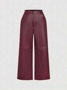 SHEIN MOD Wine Red Solid Color Design Patchwork Side Pocket Plus Size Straight Leg Pants/Winter - Burgundy - View 1