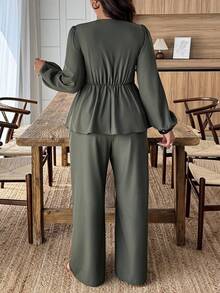 EMERY ROSE Plus Size Women's Contrast Lace Tie Waist Lantern Sleeve Shirt And Wide Leg Pants Casual 2 Pieces Set Fall Cloth For Women - Green - View 2