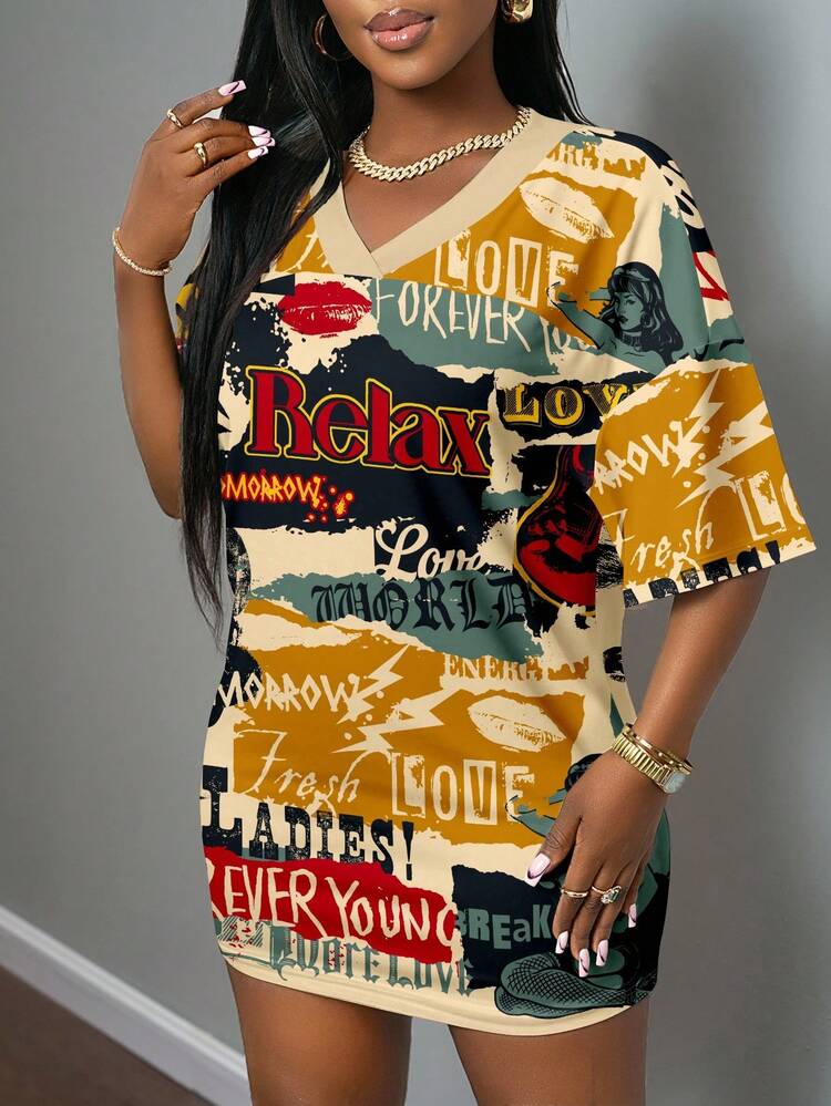 Slaydiva Vestido Mini Decote em V/Roupas de Verão para Mulheres/Roupas de Outono para Mulheres/Vestido Mini de Malha Casual e Simples/Roupas Y2K/Streetwear/Roupa para Sair/Gráfico de Pôster Vintage - Multicolorido - Visão 7