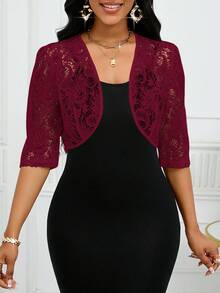 SHEIN Lady 2025新款女士酒红色蕾丝短袖开襟露脐优雅轻薄外套，适合万圣节、新年和圣诞节等场合穿着。 - 酒紅色 - 查看 1