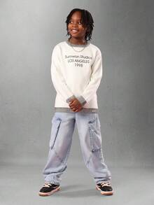 SUMWON Studios Los Angeles Vintage Style Pullover Sweatshirt Striped Ribbed Trim Casual Streetwear Classic Design Youth Fashion Fall Winter - White - View 5