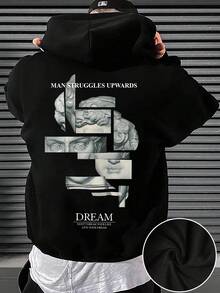 Manfinity Roghcode 宽松男士标语印花抽绳连帽衫，秋季款，长袖上衣 - 黑色 - 查看 1