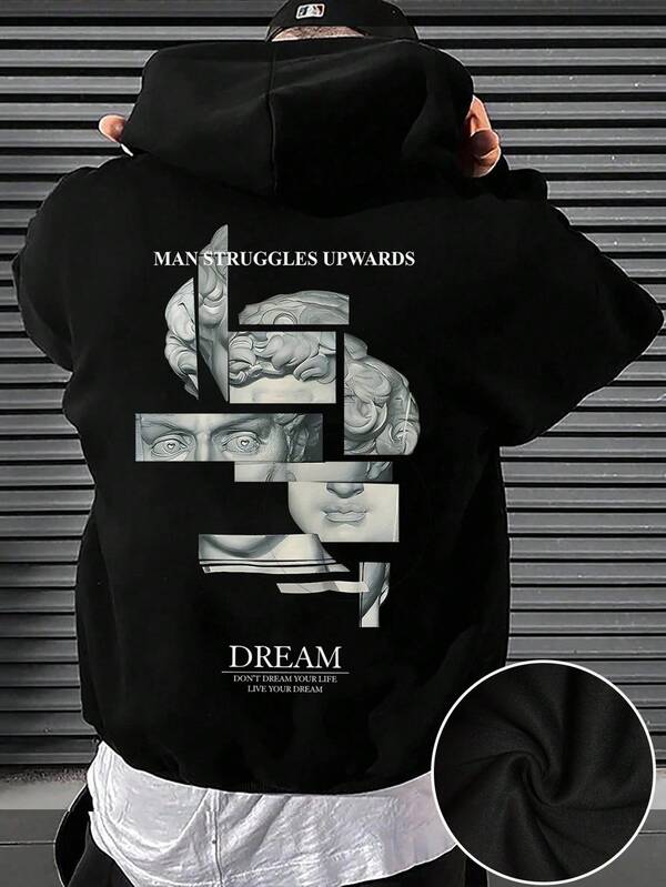 Manfinity Roghcode 宽松男士标语印花抽绳连帽衫，秋季款，长袖上衣