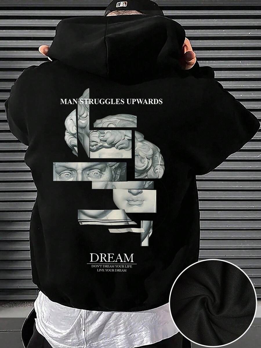 Manfinity Roghcode 宽松男士标语印花抽绳连帽衫，秋季款，长袖上衣 - 黑色 - 查看 1