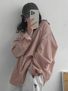 DAZY Women's Lapel Loose Striped Button-Down Shirt, Versatile, Blue, Spring/Summer/Fall Long Sleeve Top - Coffee Brown - View 3