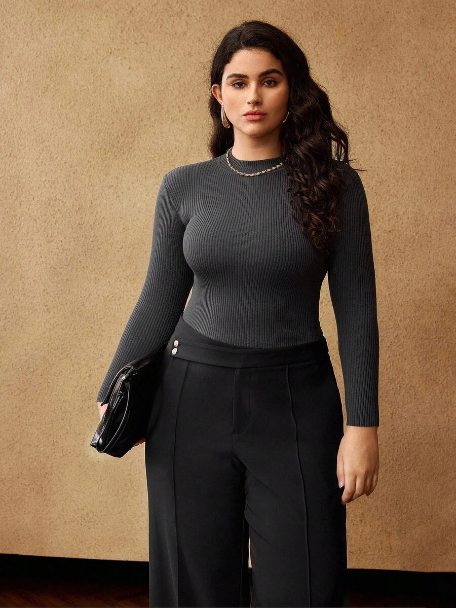 MOTF PREMIUM PLUS SIZE WOMEN'S SOLID MINIMALIST STRUCTURED DESIGN SEAM FRONT WIDE LEG PANTS - Black - View 1