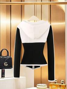 GlowEve 女士修身拼色连帽拉链长袖运动衫 - 黑與白 - 查看 2