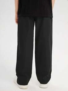SHEIN Tween Boy Letter Applique Hem Slit Slant Pocket Pants Fall Winter - Black - View 2