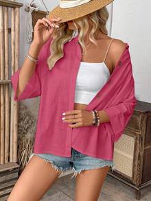 EMERY ROSE 休闲宽松七分袖纯色纽扣女式衬衫 - 紅色 - 查看 3