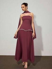 Coutiva Vestido Elegante de Coquetel Bodycon Sem Alças da Moda para Mulheres - Vinho - Visão 1