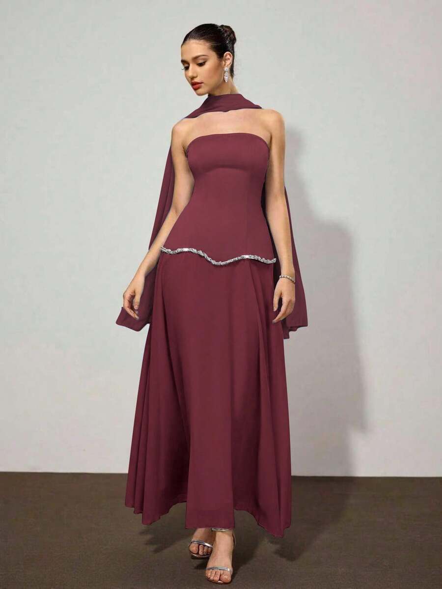 Coutiva Vestido Elegante de Coquetel Bodycon Sem Alças da Moda para Mulheres - Vinho - Visão 1