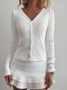 Livesso Women's Solid Color Minimalist Long Sleeve V-Neck Fitted T-Shirt, Suitable For Everyday Wear In Autumn All White 2 Piece Set - White - View 3