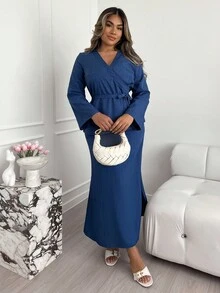 Xyvia 2pcs Women Elegant V-Neck Long Sleeve T-Shirt And Wide Leg Pants Set, Asymmetric Hem Two Pieces Outfit, Autumn/Winter - Blue - View 3