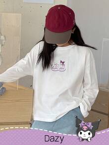 DAZY HELLO KITTY AND FRIENDS | SHEIN T-shirt à manches longues en tricot avec graphique de lettre col rond pour préadolescentes, automne - Blanc - Voir 3
