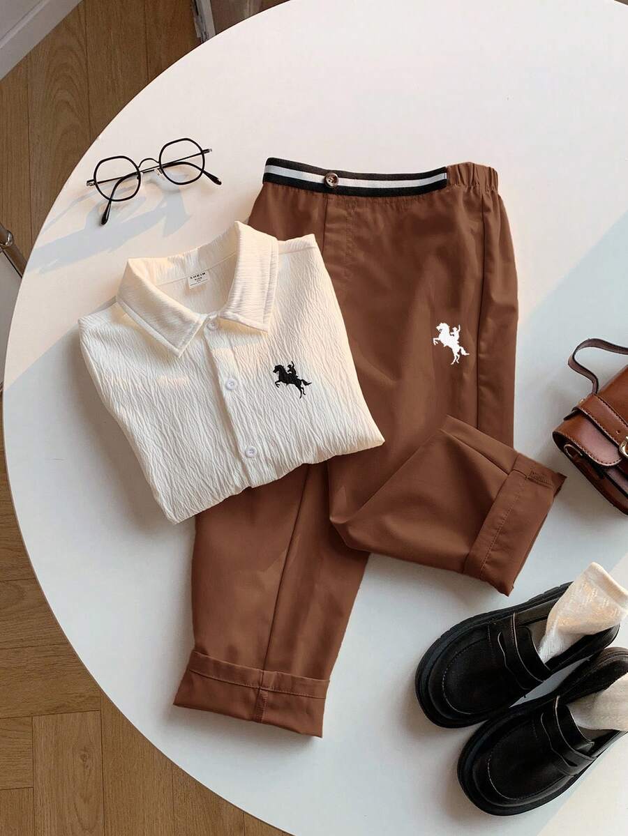 SHEIN 2pcs Kids/Tween Boys' Casual Everyday Printed Pattern Collared Open Front Loose Long Sleeve Solid Shirt And Straight Loose Pants Set, Suitable For School, Garden, Beach, Birthday, Spring, Summer, Autumn, Winter Fall - Brown - View 1