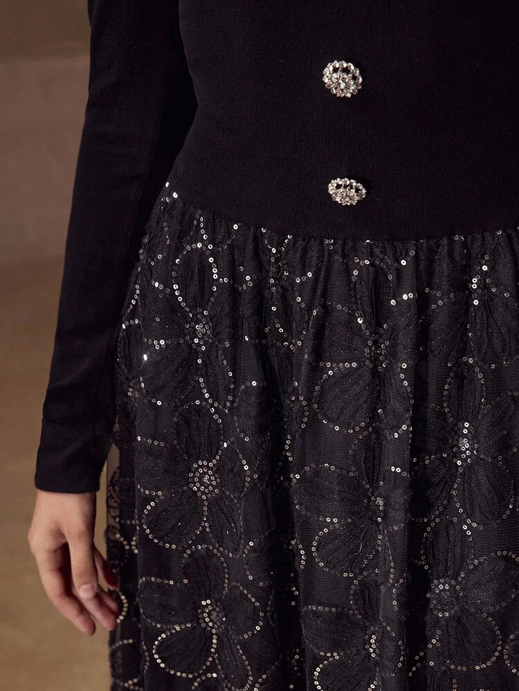 CONTRAST SEQUIN FLORAL PATTERN V-NECK RHINESTONE DETAIL LONG DRESS