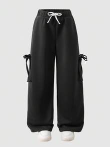 Tween Girl Oversized Bow Hip-Hop Street Loose Casual Sports Pants, Suitable For Autumn/Winter Girl Fall - Black - View 4