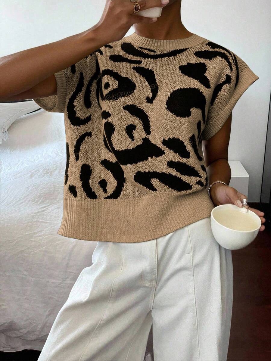 SHEIN Frenchy 秋冬大码女式豹纹针织上衣、短袖毛衣 - 灰色 - 查看 1