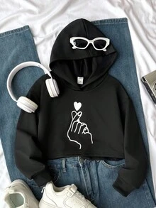 SHEIN Tween Girl Gesture & Heart Print Drop Shoulder Hoodie - Black - View 1