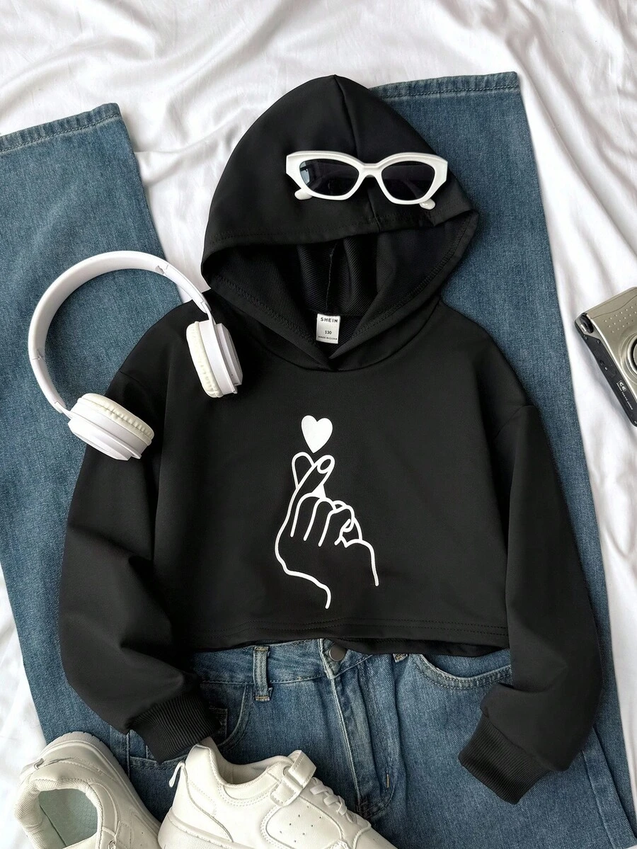SHEIN Tween Girl Gesture & Heart Print Drop Shoulder Hoodie - Black - View 1